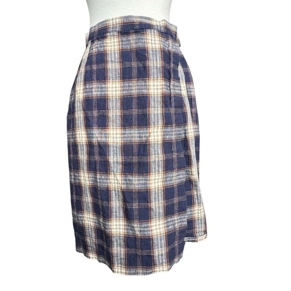 Vintage 90s Casual Corner Plaid Blue Brown Wrap Skirt Linen Size 6 Fall